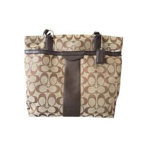 Coach Signature Stripe Canvas Tote Bag Khaki Brown Leather Trim F28504 Purse